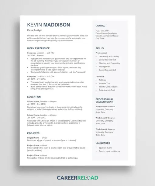 2 column ATS resume template for Word