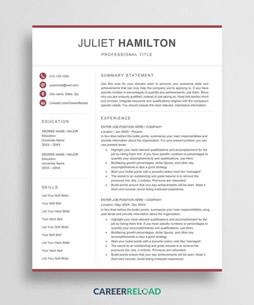 Red resume template Juliet