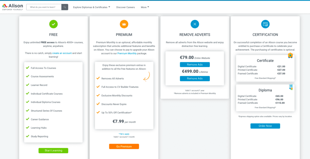 Alison plans and prices
