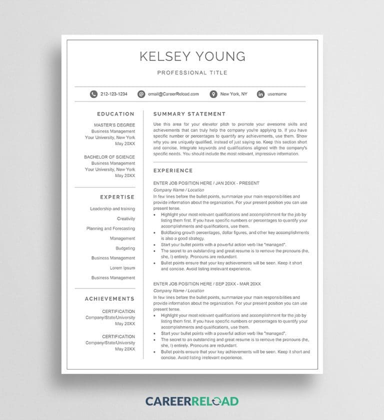 Elegant Resume Template for Word Instant Download