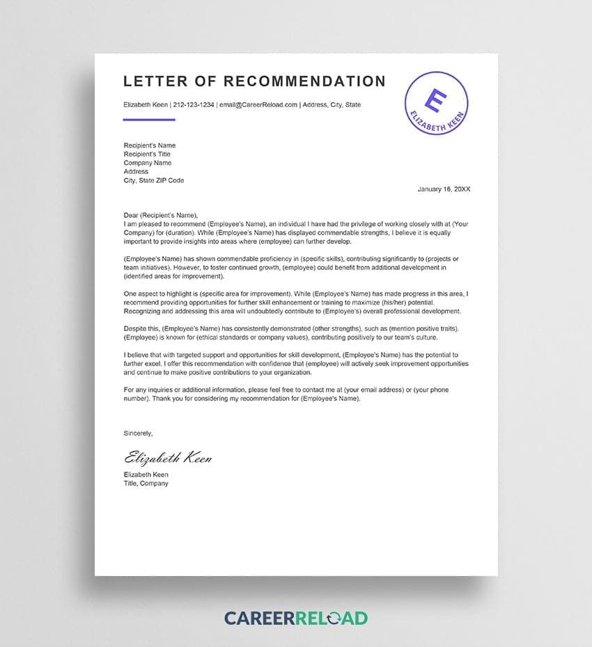 Recommendation letter for employee