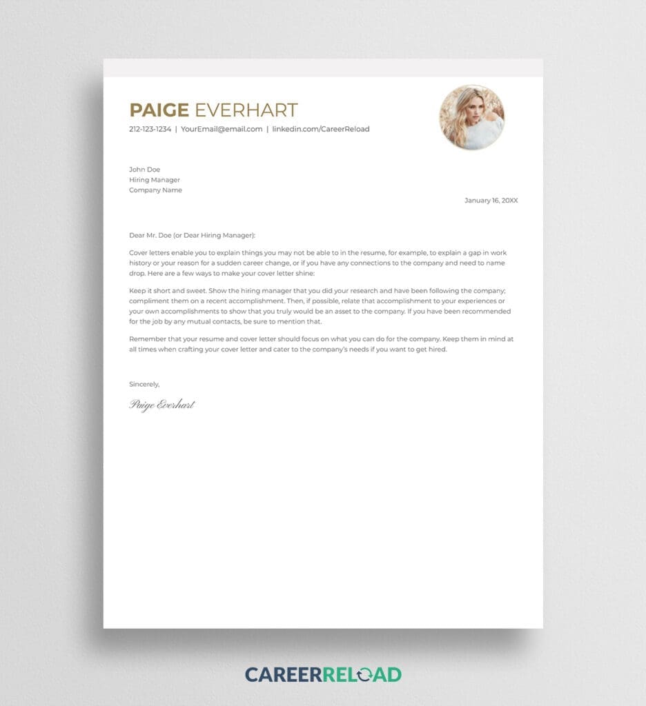 Google Docs cover letter with photo