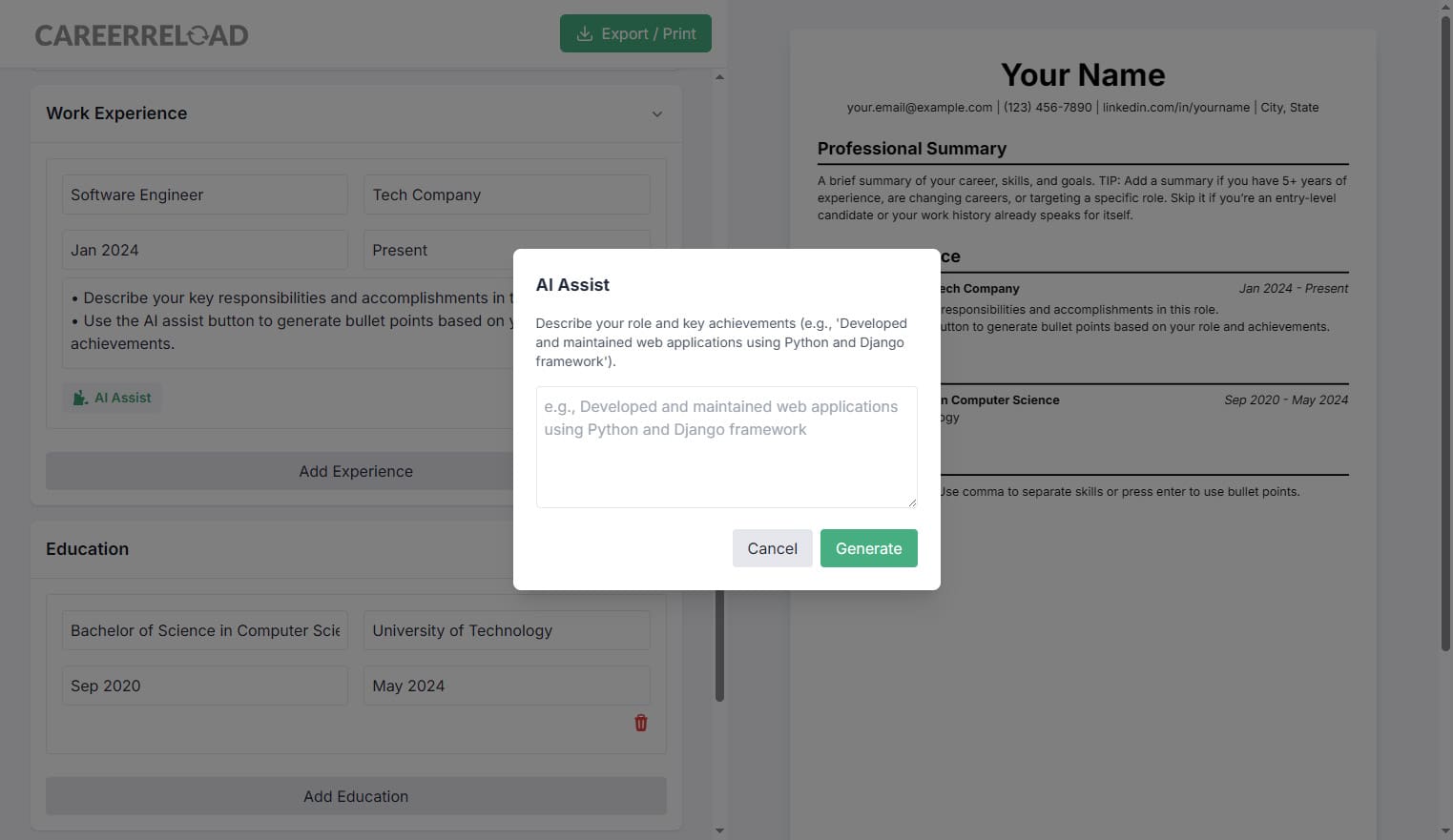 ai assist resume builder