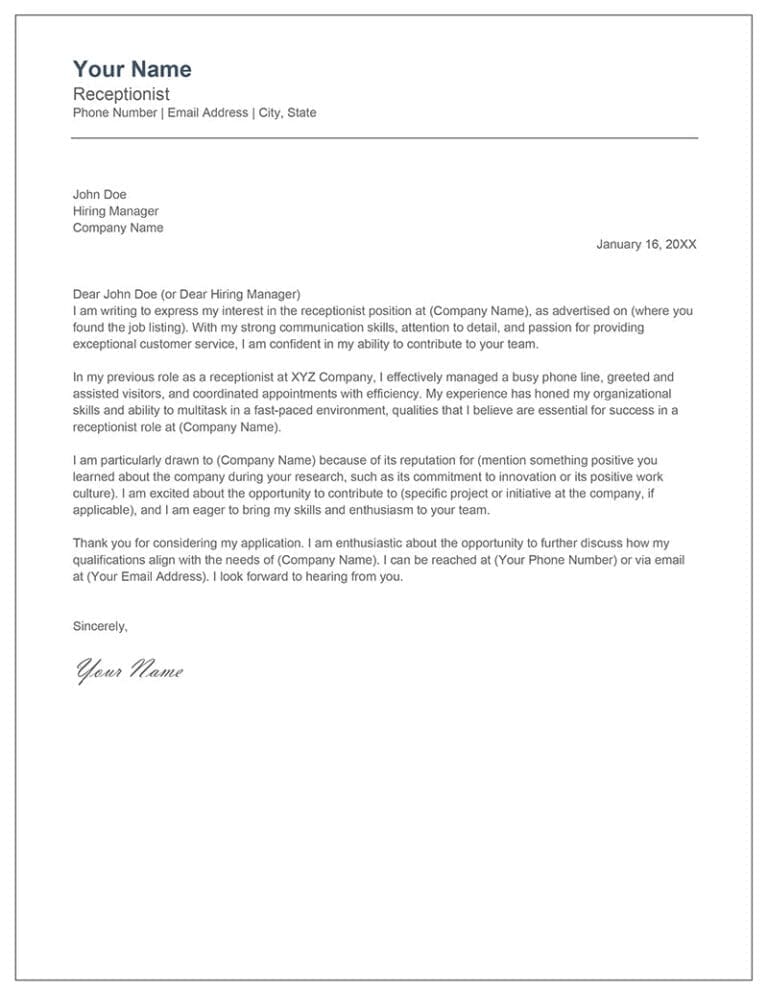 Receptionist cover letter