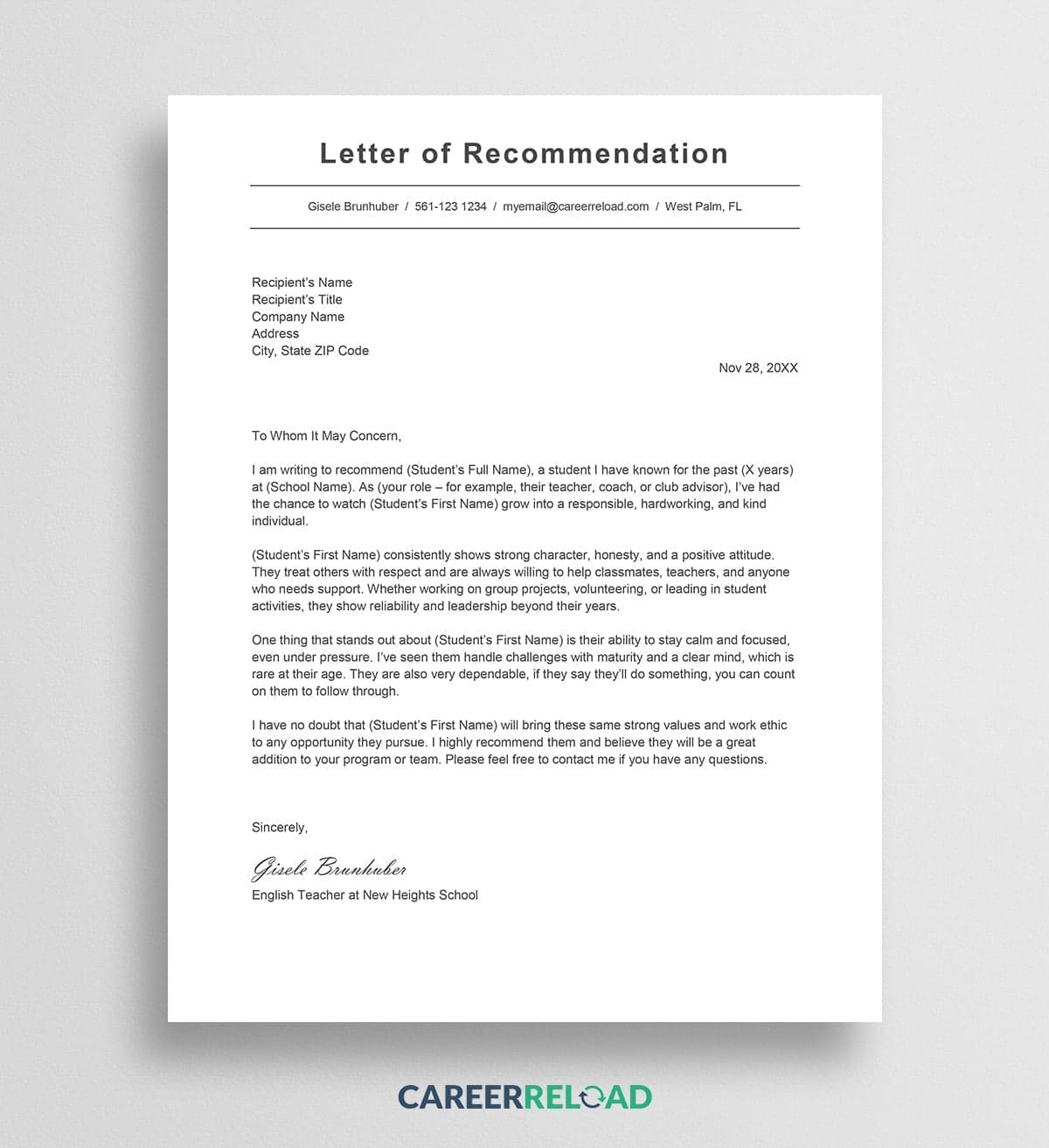 Character reference letter for high school student