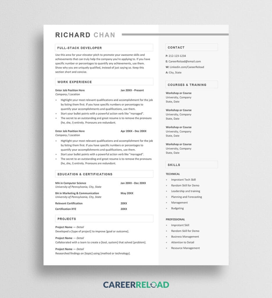 Free Resume Template in Word Document Instant Download