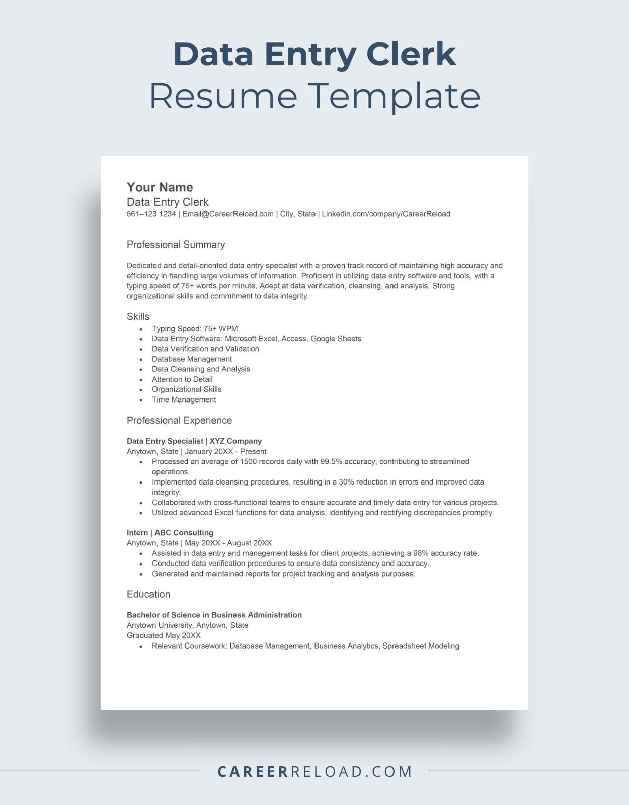 Data Entry Clerk Resume Template
