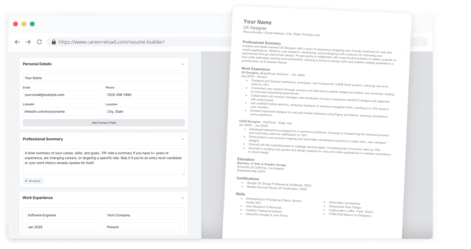 Free resume builder interface showing a resume being built in a browser