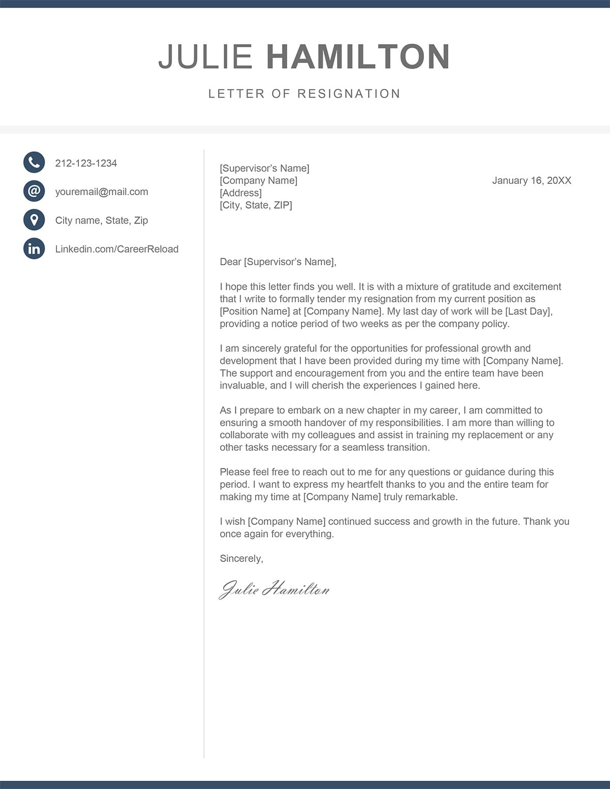 Formal letter of resignation template