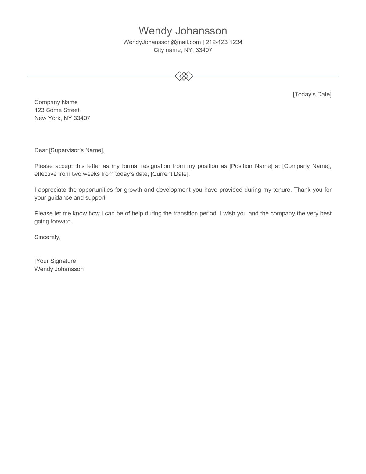 Simple resignation letter template download