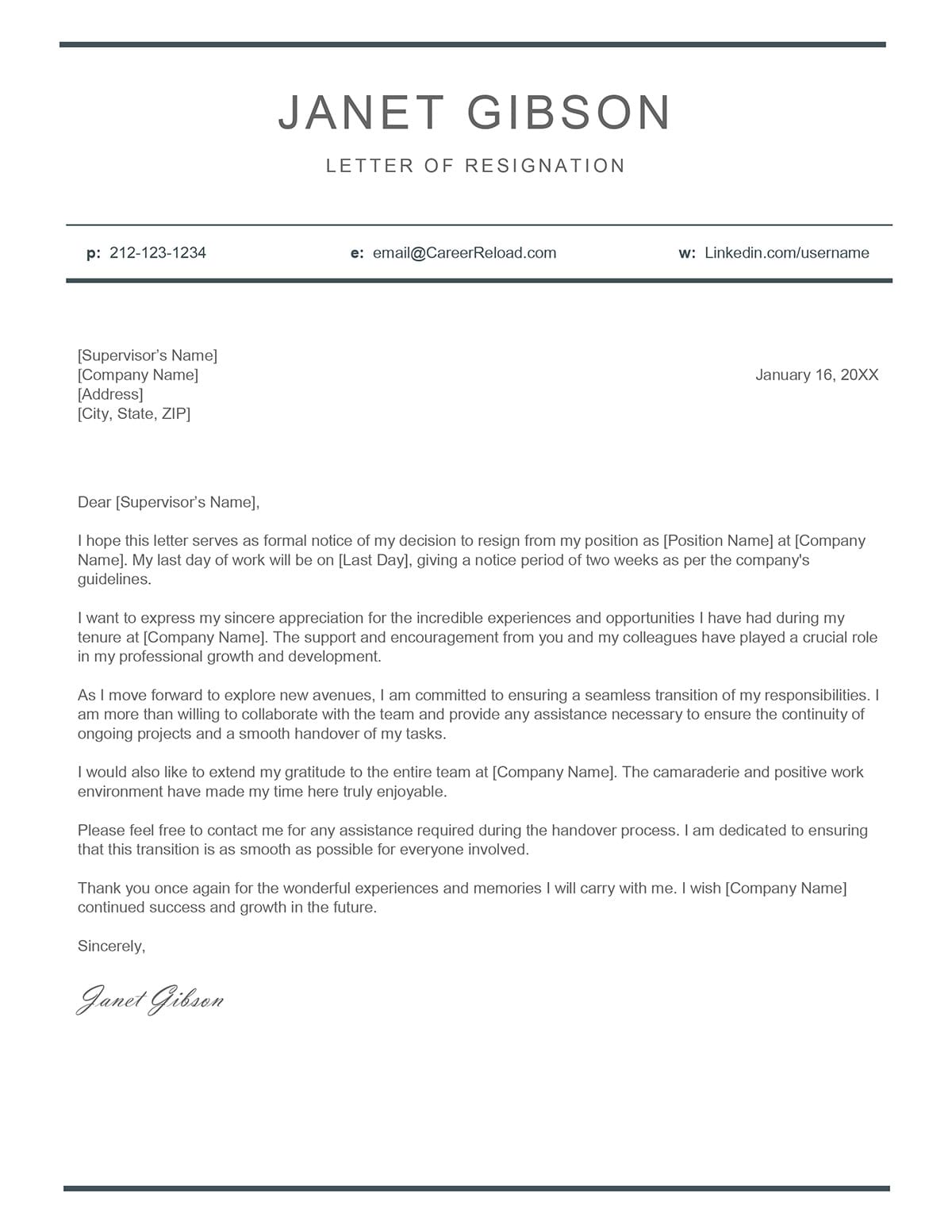 Two weeks notice resignation letter template
