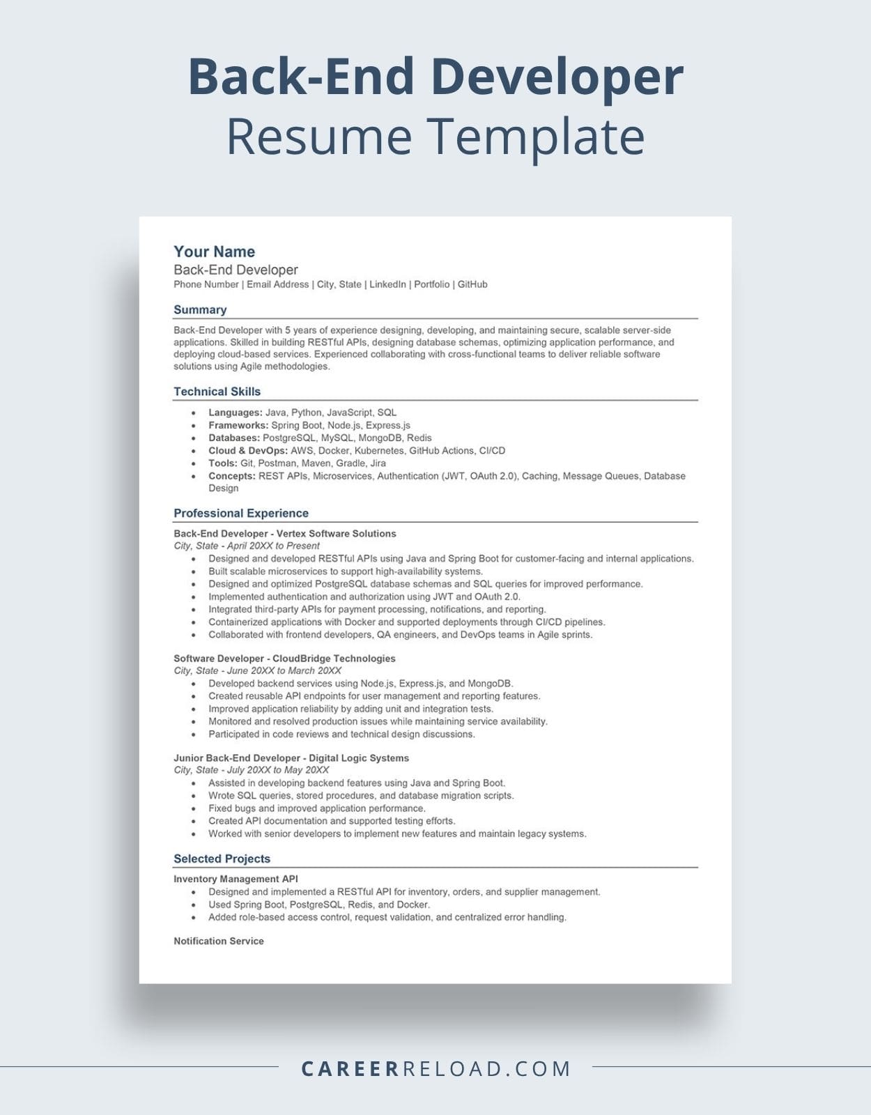 Back-End Developer Resume Template
