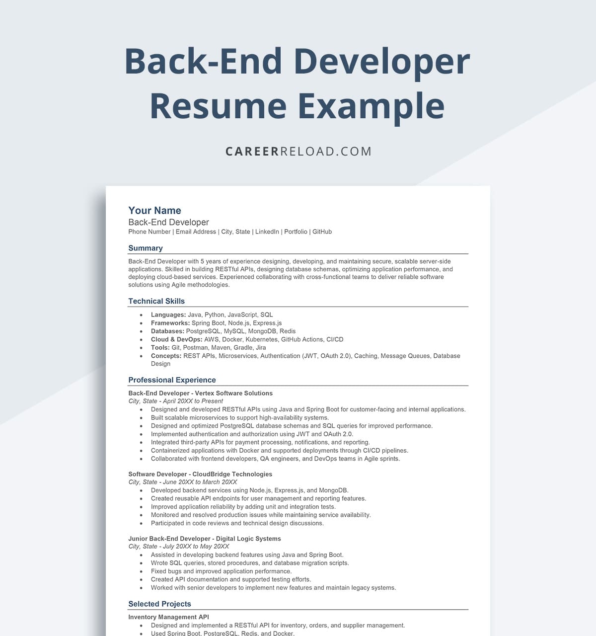 back end developer resume example